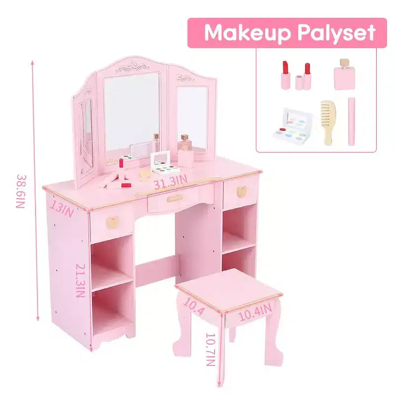 Coiffeuse pour enfants avec miroir et tiroir - Ensemble coiffeuse et chaise pour filles avec jeu de maquillage en bois, parfait pour les 3-9 ans
