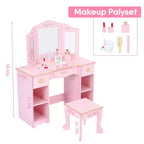 Coiffeuse pour enfants avec miroir et tiroir - Ensemble coiffeuse et chaise pour filles avec jeu de maquillage en bois, parfait pour les 3-9 ans