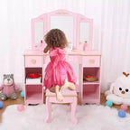 Coiffeuse pour enfants avec miroir et tiroir - Ensemble coiffeuse et chaise pour filles avec jeu de maquillage en bois, parfait pour les 3-9 ans