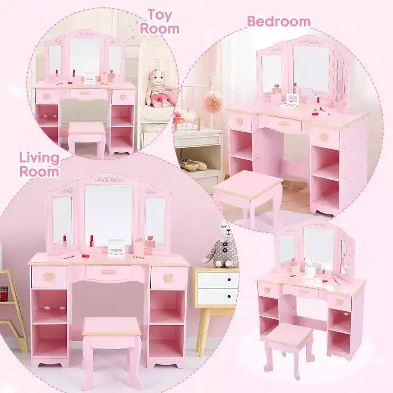 Coiffeuse pour enfants avec miroir et tiroir - Ensemble coiffeuse et chaise pour filles avec jeu de maquillage en bois, parfait pour les 3-9 ans