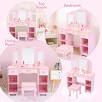 Coiffeuse pour enfants avec miroir et tiroir - Ensemble coiffeuse et chaise pour filles avec jeu de maquillage en bois, parfait pour les 3-9 ans