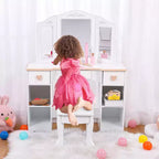 Coiffeuse pour enfants avec miroir et tiroir - Ensemble coiffeuse et chaise pour filles avec jeu de maquillage en bois, parfait pour les 3-9 ans