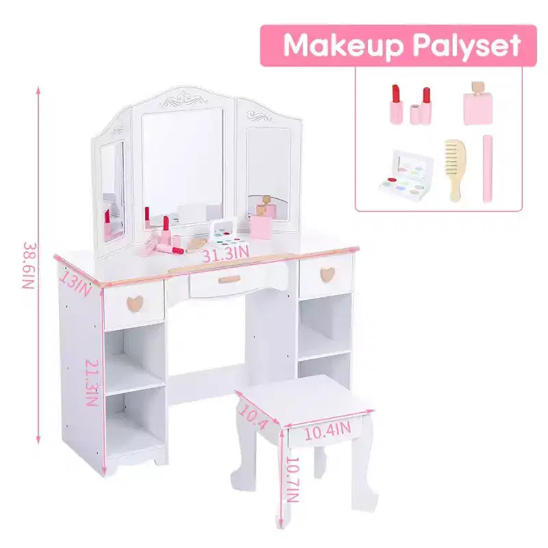 Coiffeuse pour enfants avec miroir et tiroir - Ensemble coiffeuse et chaise pour filles avec jeu de maquillage en bois, parfait pour les 3-9 ans