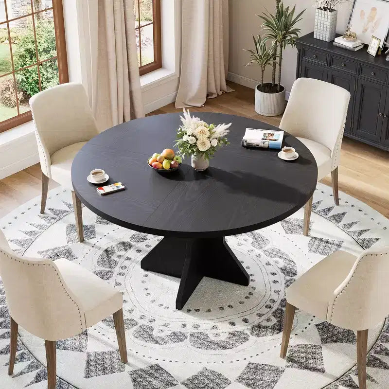 Table à manger ronde 47" pour petits espaces - Noire, 4-6 places, piètement en bois massif K-leg