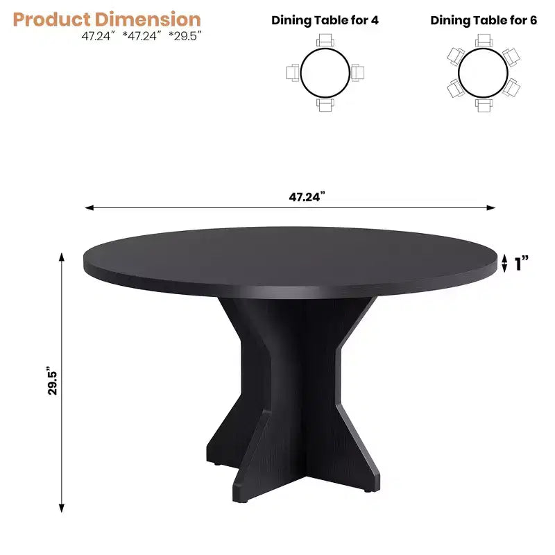 Table à manger ronde 47" pour petits espaces - Noire, 4-6 places, piètement en bois massif K-leg