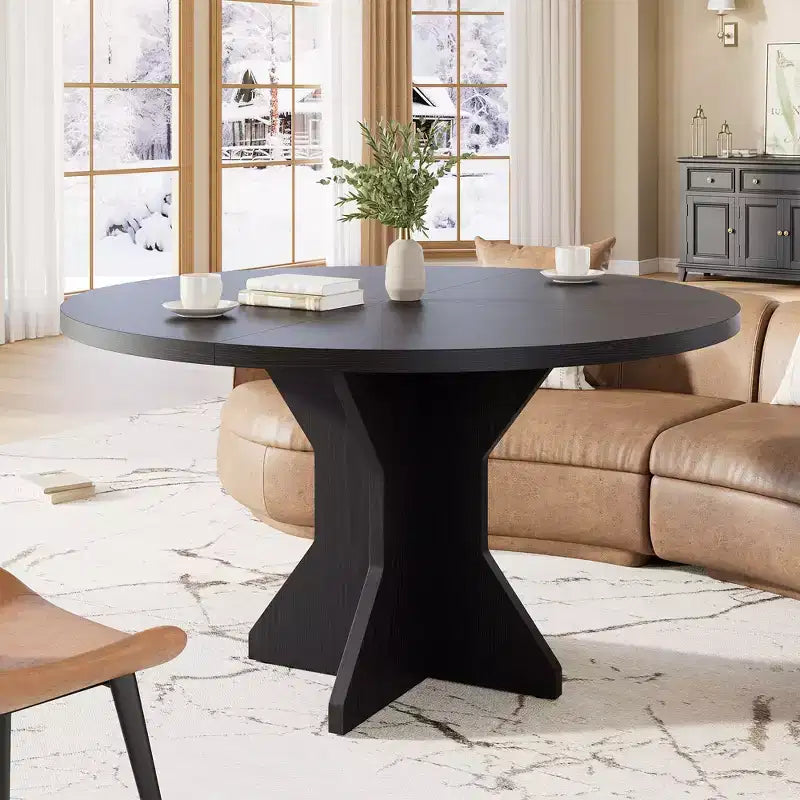 Table à manger ronde 47" pour petits espaces - Noire, 4-6 places, piètement en bois massif K-leg