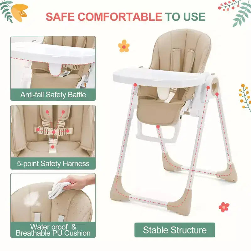Chaise Haute Bébé GustoWave pour Tout-petits de 1 à 4 Ans, Chaise Haute Bébé Pliante avec Plateau Amovible, Chaise Pliante Légère