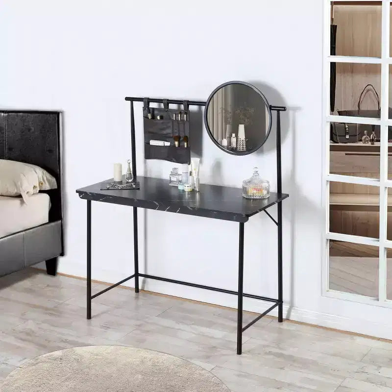 FurnitureR Coiffeuse avec Miroir Circulaire Amovible Table de Maquillage Simple Bureau de Maquillage Multifonctionnel Bureau d'Écriture pour Chambre à Coucher, Noir