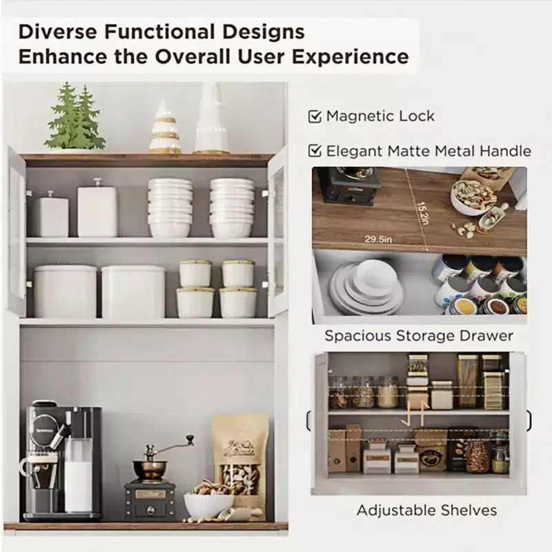Meuble de rangement de cuisine GustoWave de 71'' avec portes en verre et support pour micro-ondes, armoire de cuisine haute autoportante pour salle à manger