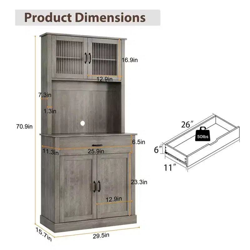 Meuble de rangement de cuisine GustoWave de 71'' avec portes en verre et support pour micro-ondes, armoire de cuisine haute autoportante pour salle à manger