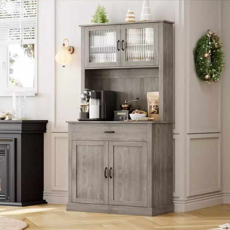 Meuble de rangement de cuisine GustoWave de 71'' avec portes en verre et support pour micro-ondes, armoire de cuisine haute autoportante pour salle à manger