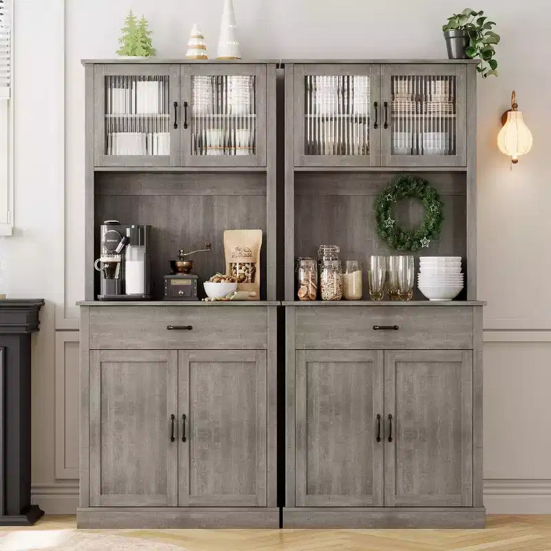 Meuble de rangement de cuisine GustoWave de 71'' avec portes en verre et support pour micro-ondes, armoire de cuisine haute autoportante pour salle à manger