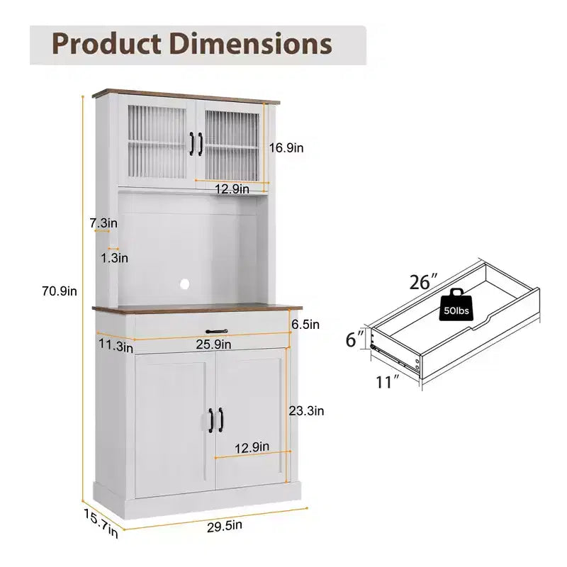 Meuble de rangement de cuisine GustoWave de 71'' avec portes en verre et support pour micro-ondes, armoire de cuisine haute autoportante pour salle à manger