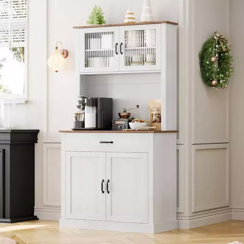 Meuble de rangement de cuisine GustoWave de 71'' avec portes en verre et support pour micro-ondes, armoire de cuisine haute autoportante pour salle à manger