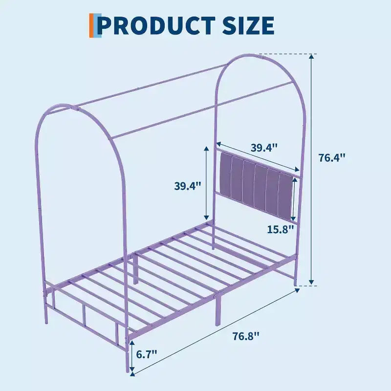 Cadre de lit jumeau COZONY avec tête de lit capitonnée, plateforme de lit en métal avec design arqué et rangement sous le lit, pas besoin de sommier tapissier