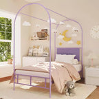 Cadre de lit jumeau COZONY avec tête de lit capitonnée, plateforme de lit en métal avec design arqué et rangement sous le lit, pas besoin de sommier tapissier