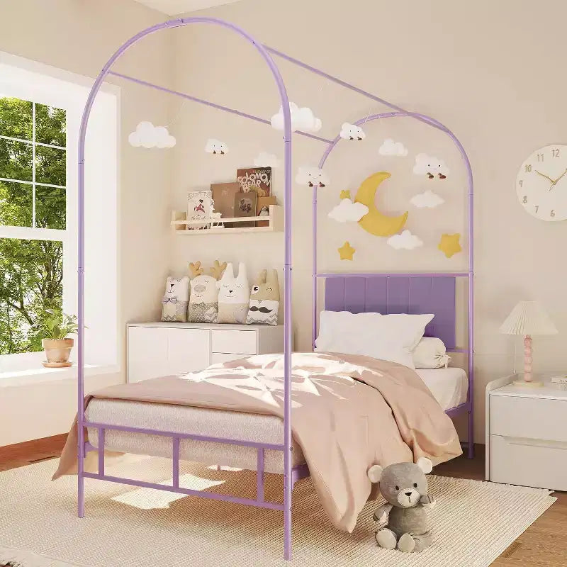Cadre de lit jumeau COZONY avec tête de lit capitonnée, plateforme de lit en métal avec design arqué et rangement sous le lit, pas besoin de sommier tapissier