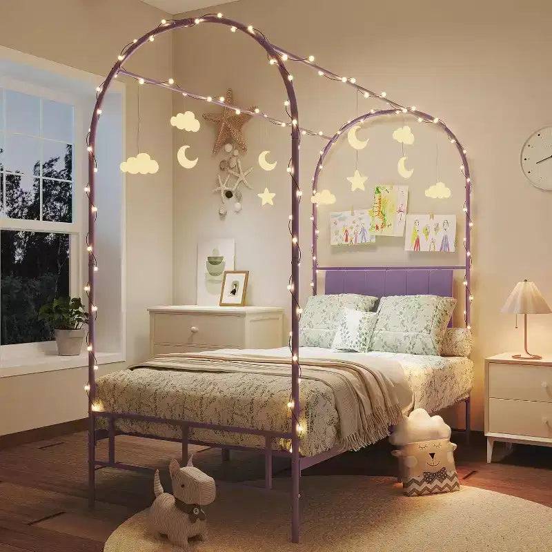Cadre de lit jumeau COZONY avec tête de lit capitonnée, plateforme de lit en métal avec design arqué et rangement sous le lit, pas besoin de sommier tapissier