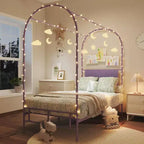 Cadre de lit jumeau COZONY avec tête de lit capitonnée, plateforme de lit en métal avec design arqué et rangement sous le lit, pas besoin de sommier tapissier