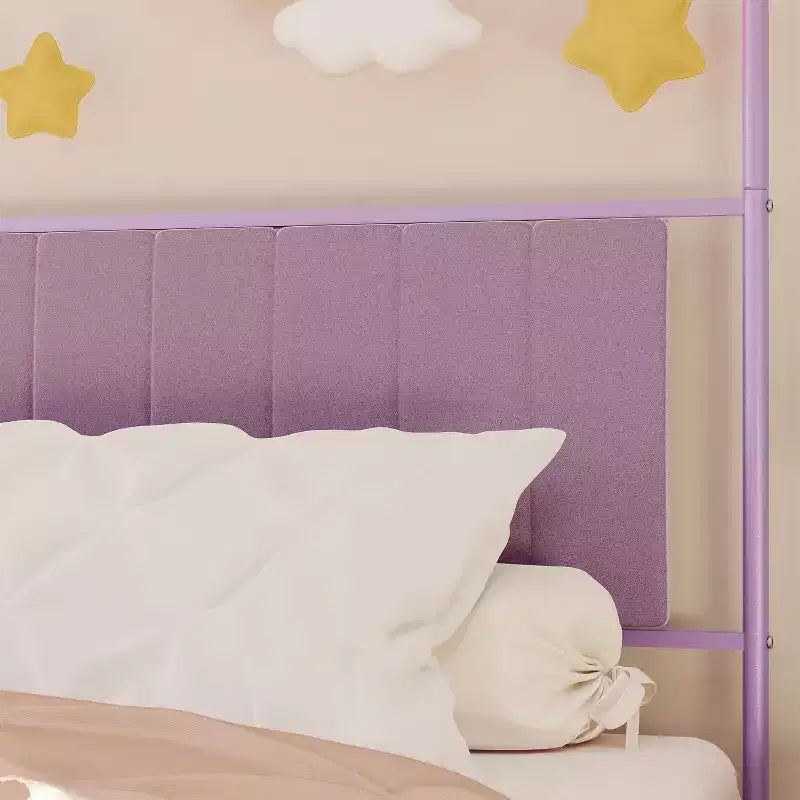 Cadre de lit jumeau COZONY avec tête de lit capitonnée, plateforme de lit en métal avec design arqué et rangement sous le lit, pas besoin de sommier tapissier