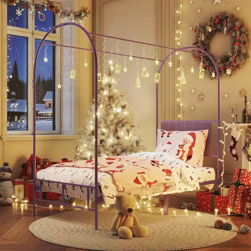 Cadre de lit jumeau COZONY avec tête de lit capitonnée, plateforme de lit en métal avec design arqué et rangement sous le lit, pas besoin de sommier tapissier