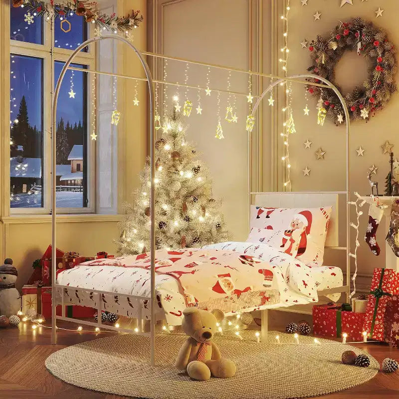Cadre de lit jumeau COZONY avec tête de lit capitonnée, plateforme de lit en métal avec design arqué et rangement sous le lit, pas besoin de sommier tapissier