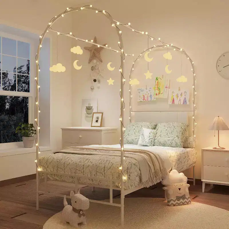 Cadre de lit jumeau COZONY avec tête de lit capitonnée, plateforme de lit en métal avec design arqué et rangement sous le lit, pas besoin de sommier tapissier