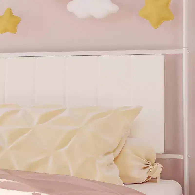 Cadre de lit jumeau COZONY avec tête de lit capitonnée, plateforme de lit en métal avec design arqué et rangement sous le lit, pas besoin de sommier tapissier