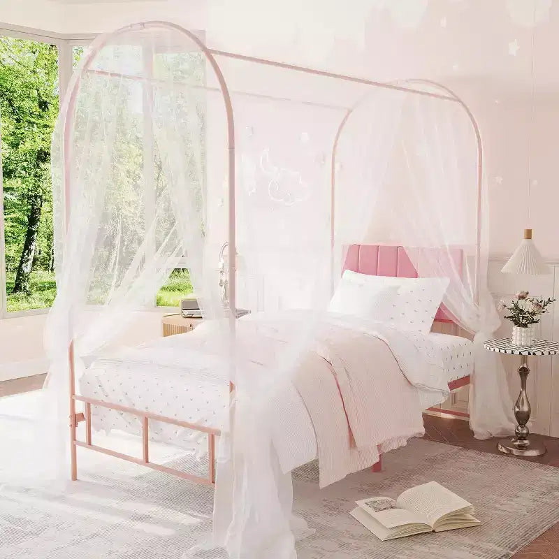 Cadre de lit jumeau COZONY avec tête de lit capitonnée, plateforme de lit en métal avec design arqué et rangement sous le lit, pas besoin de sommier tapissier
