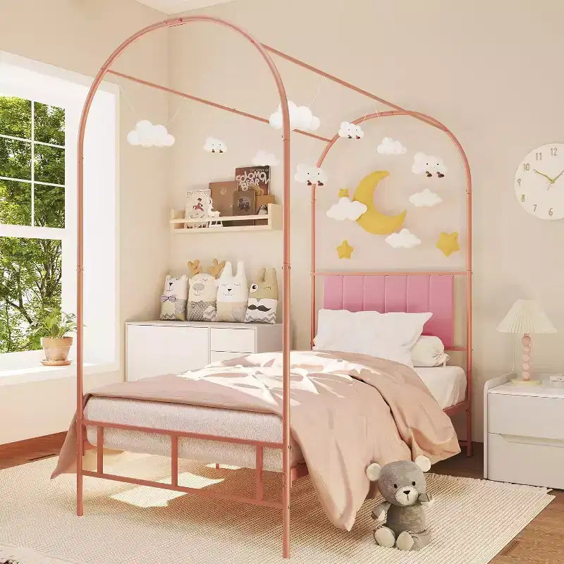 Cadre de lit jumeau COZONY avec tête de lit capitonnée, plateforme de lit en métal avec design arqué et rangement sous le lit, pas besoin de sommier tapissier