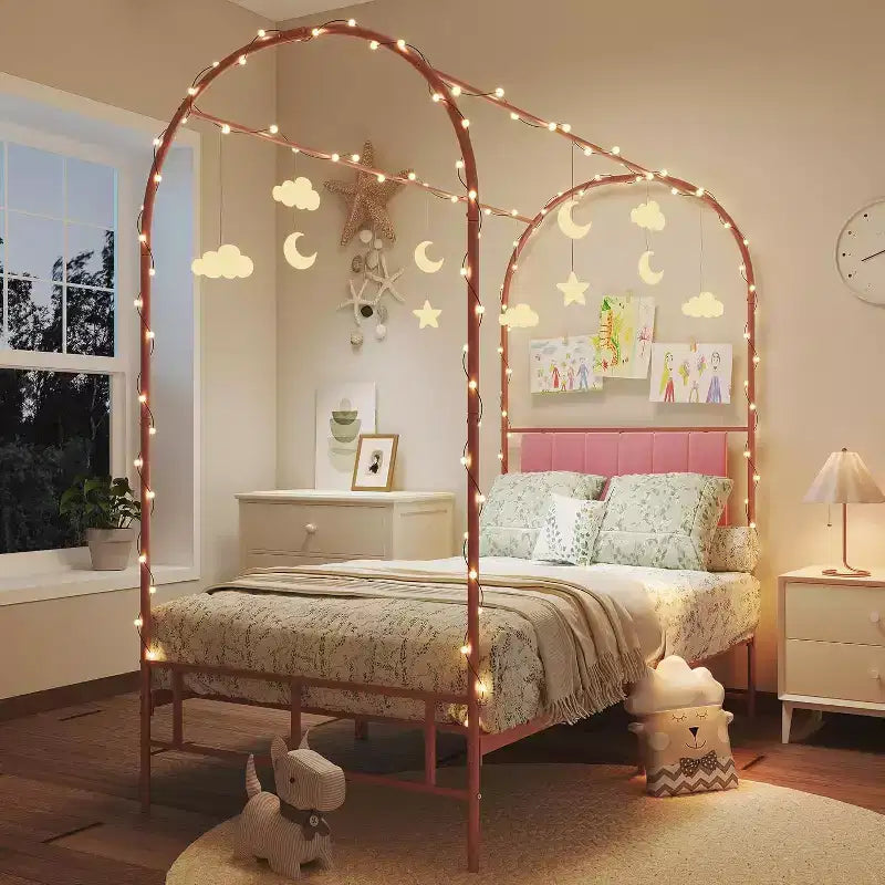 Cadre de lit jumeau COZONY avec tête de lit capitonnée, plateforme de lit en métal avec design arqué et rangement sous le lit, pas besoin de sommier tapissier