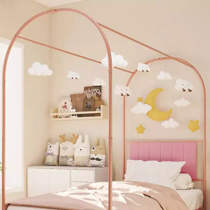Cadre de lit jumeau COZONY avec tête de lit capitonnée, plateforme de lit en métal avec design arqué et rangement sous le lit, pas besoin de sommier tapissier
