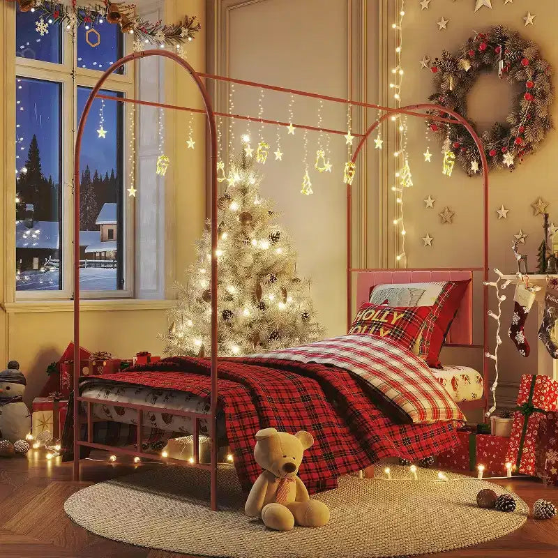 COZONY Twin Bed Frame with Upholstered Headboard, Metal Platform Bed with Arched Design and Under-Bed Storage, No Box Spring Needed