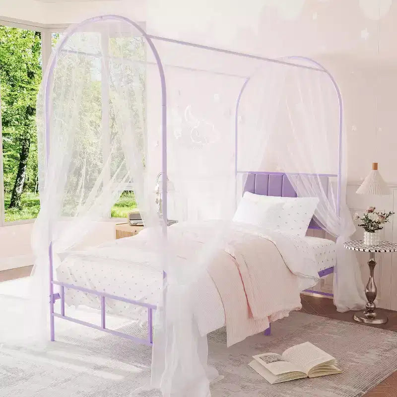 Cadre de lit jumeau COZONY avec tête de lit capitonnée, plateforme de lit en métal avec design arqué et rangement sous le lit, pas besoin de sommier tapissier
