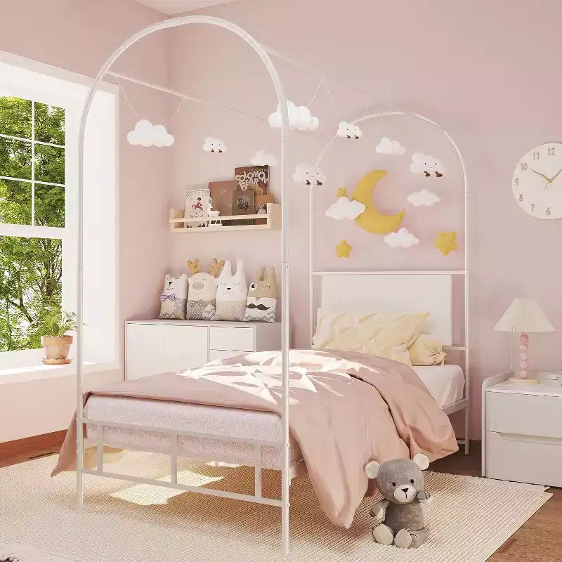 Cadre de lit jumeau COZONY avec tête de lit capitonnée, plateforme de lit en métal avec design arqué et rangement sous le lit, pas besoin de sommier tapissier