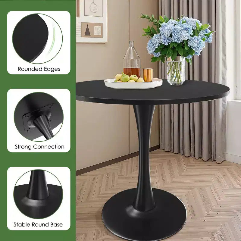 MAYEERTY Table à manger ronde tulipe 31,5, Plateau en bois, Piétement en métal, 2-4 places, Noir