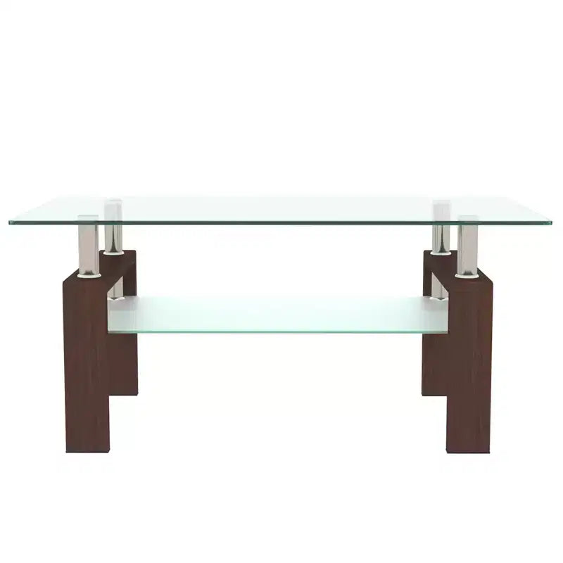 Table basse moderne rectangulaire en verre avec étagère inférieure, table d'appoint pour salon ou bureau
