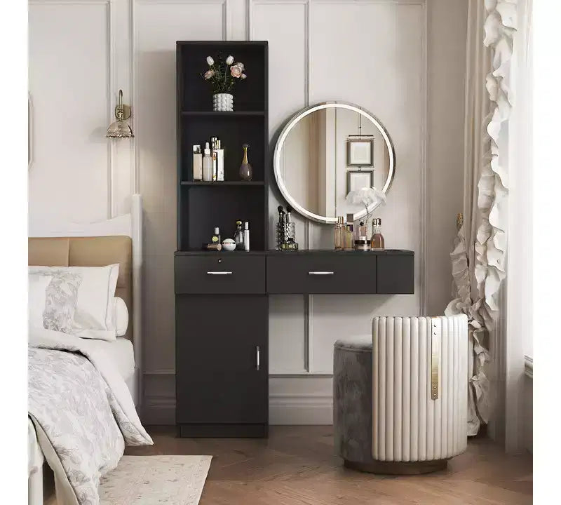 Coiffeuse noire moderne et simple, rangement multi-niveaux, grand espace de rangement