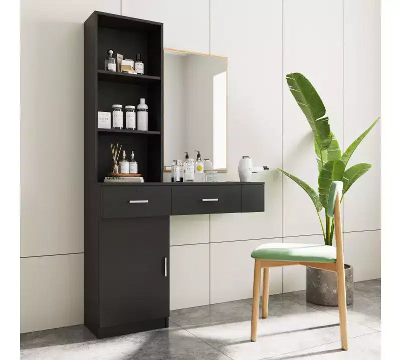 Coiffeuse noire moderne et simple, rangement multi-niveaux, grand espace de rangement