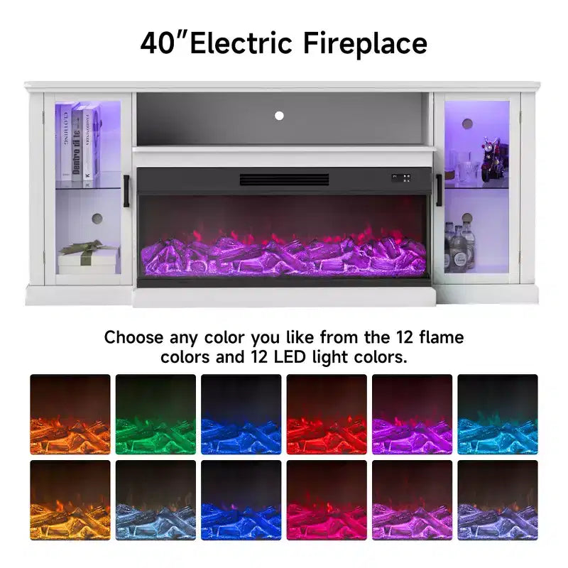 Meuble TV de style ferme Real Relax de 72,8 po avec cheminée électrique à 3 côtés en verre, 12 couleurs de lumières LED réglables, console média pour téléviseurs jusqu'à 80 po.