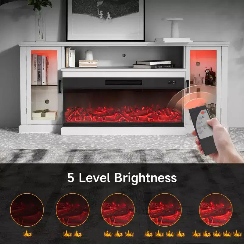 Meuble TV de style ferme Real Relax de 72,8 po avec cheminée électrique à 3 côtés en verre, 12 couleurs de lumières LED réglables, console média pour téléviseurs jusqu'à 80 po.