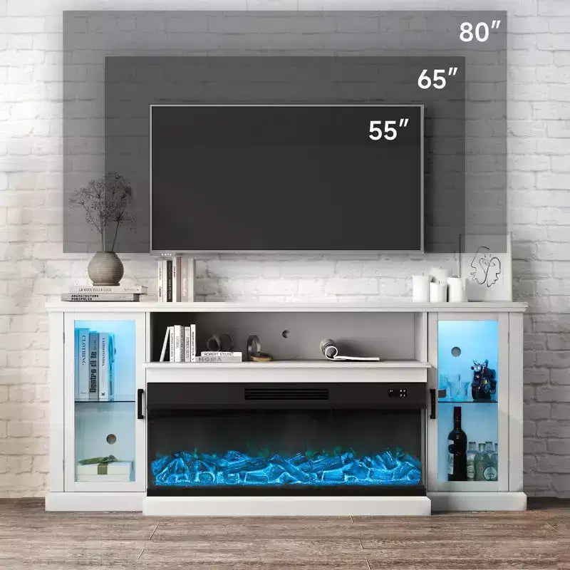 Meuble TV de style ferme Real Relax de 72,8 po avec cheminée électrique à 3 côtés en verre, 12 couleurs de lumières LED réglables, console média pour téléviseurs jusqu'à 80 po.