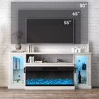 Meuble TV de style ferme Real Relax de 72,8 po avec cheminée électrique à 3 côtés en verre, 12 couleurs de lumières LED réglables, console média pour téléviseurs jusqu'à 80 po.