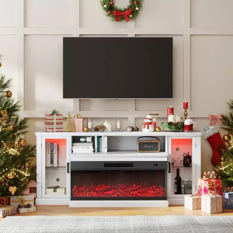 Meuble TV de style ferme Real Relax de 72,8 po avec cheminée électrique à 3 côtés en verre, 12 couleurs de lumières LED réglables, console média pour téléviseurs jusqu'à 80 po.