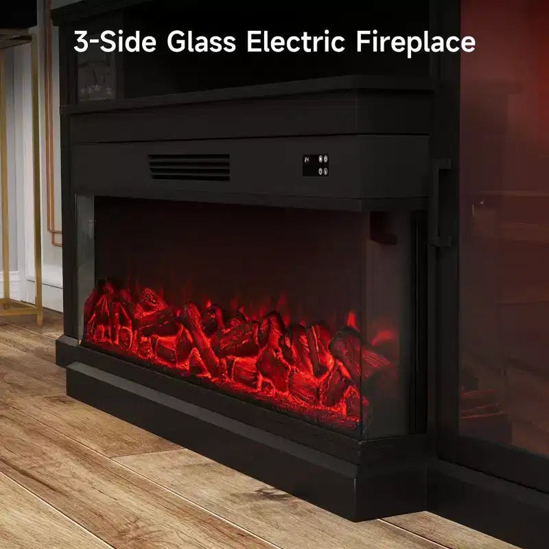 Meuble TV de style ferme Real Relax de 72,8 po avec cheminée électrique à 3 côtés en verre, 12 couleurs de lumières LED réglables, console média pour téléviseurs jusqu'à 80 po.
