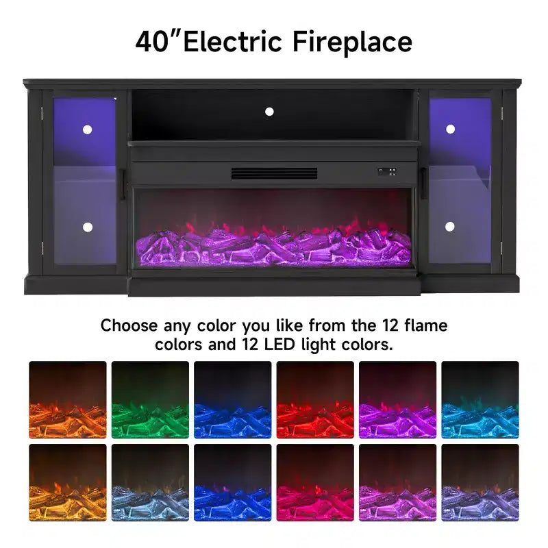 Meuble TV de style ferme Real Relax de 72,8 po avec cheminée électrique à 3 côtés en verre, 12 couleurs de lumières LED réglables, console média pour téléviseurs jusqu'à 80 po.