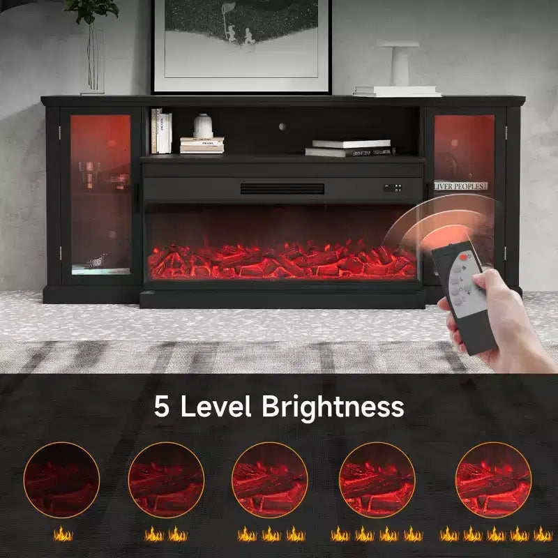 Meuble TV de style ferme Real Relax de 72,8 po avec cheminée électrique à 3 côtés en verre, 12 couleurs de lumières LED réglables, console média pour téléviseurs jusqu'à 80 po.