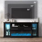 Meuble TV de style ferme Real Relax de 72,8 po avec cheminée électrique à 3 côtés en verre, 12 couleurs de lumières LED réglables, console média pour téléviseurs jusqu'à 80 po.
