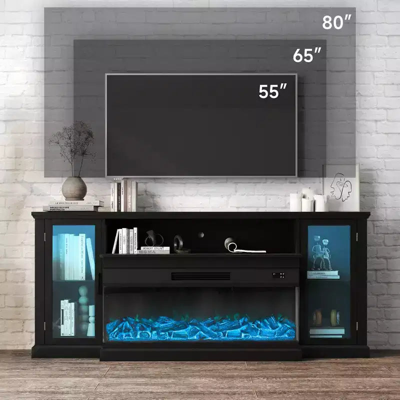 Meuble TV de style ferme Real Relax de 72,8 po avec cheminée électrique à 3 côtés en verre, 12 couleurs de lumières LED réglables, console média pour téléviseurs jusqu'à 80 po.