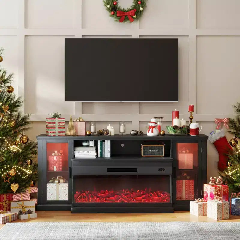 Meuble TV de style ferme Real Relax de 72,8 po avec cheminée électrique à 3 côtés en verre, 12 couleurs de lumières LED réglables, console média pour téléviseurs jusqu'à 80 po.